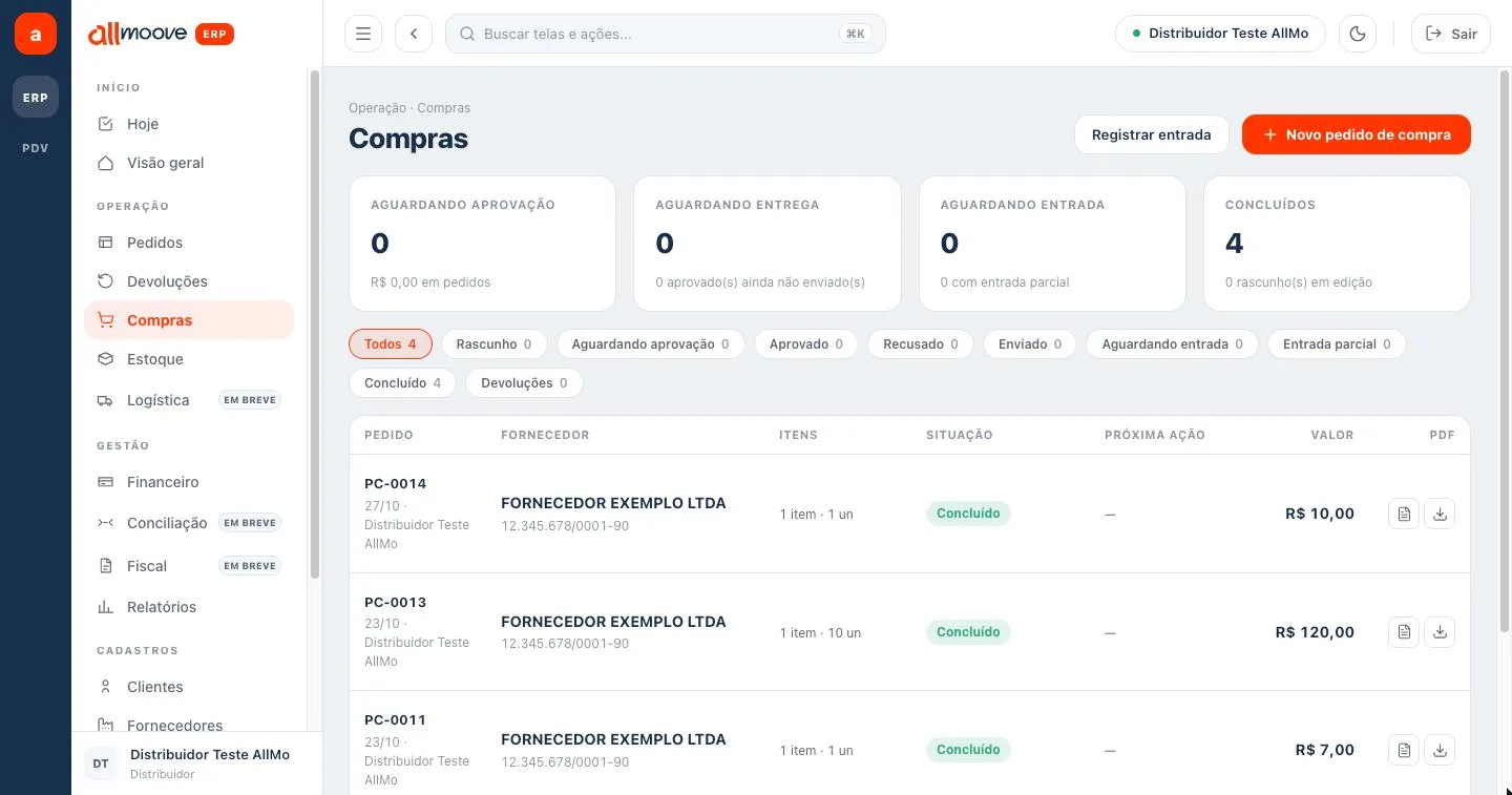 Tela Compras com o botão Novo pedido de compra