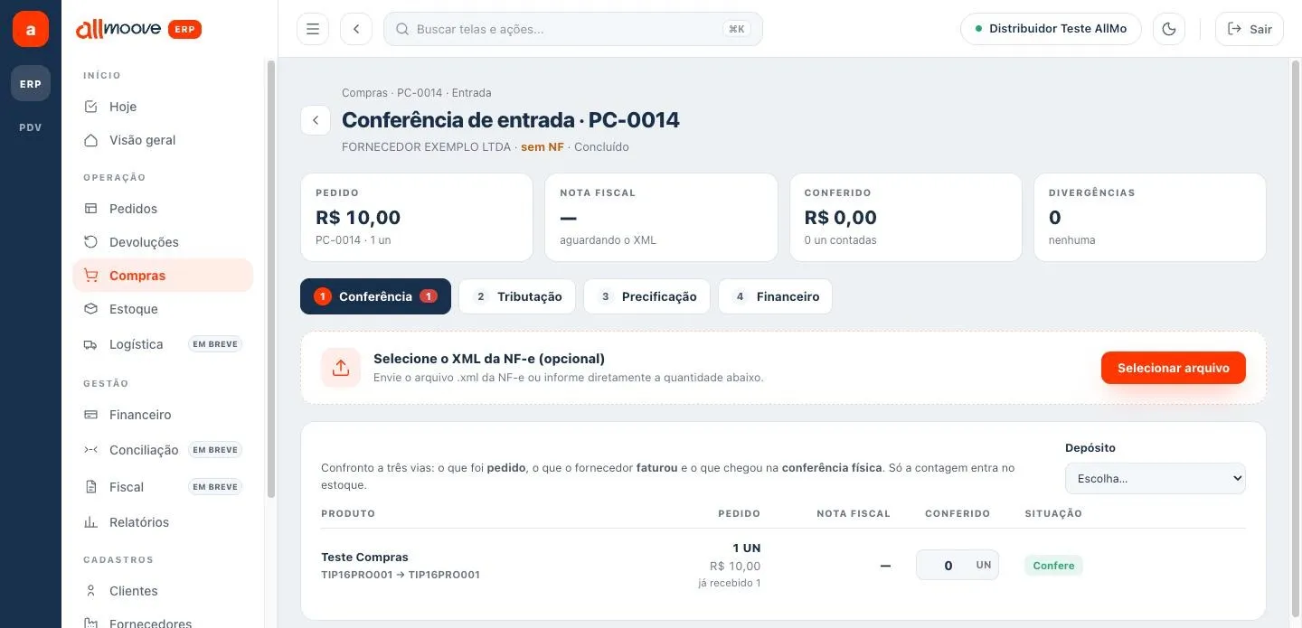 Conferência de entrada com as abas Conferência, Tributação, Precificação e Financeiro