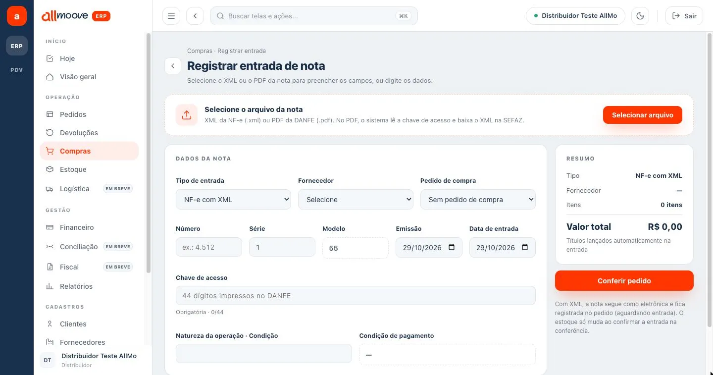 Tela Registrar entrada de nota