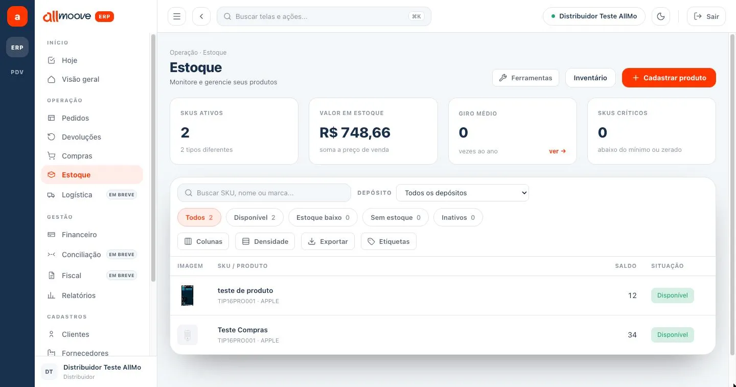 Tela Estoque com indicadores, filtros e lista de produtos
