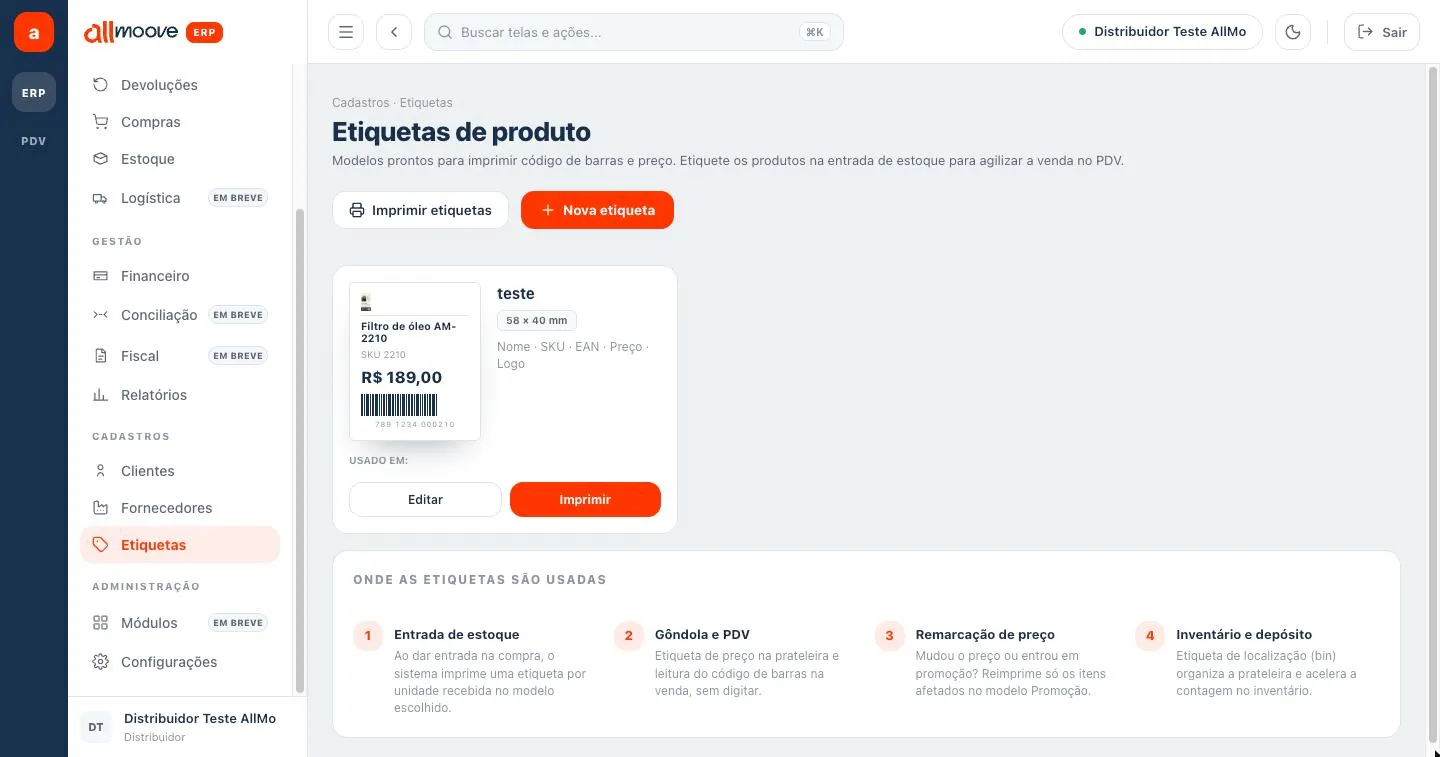 Tela Etiquetas de produto com os modelos