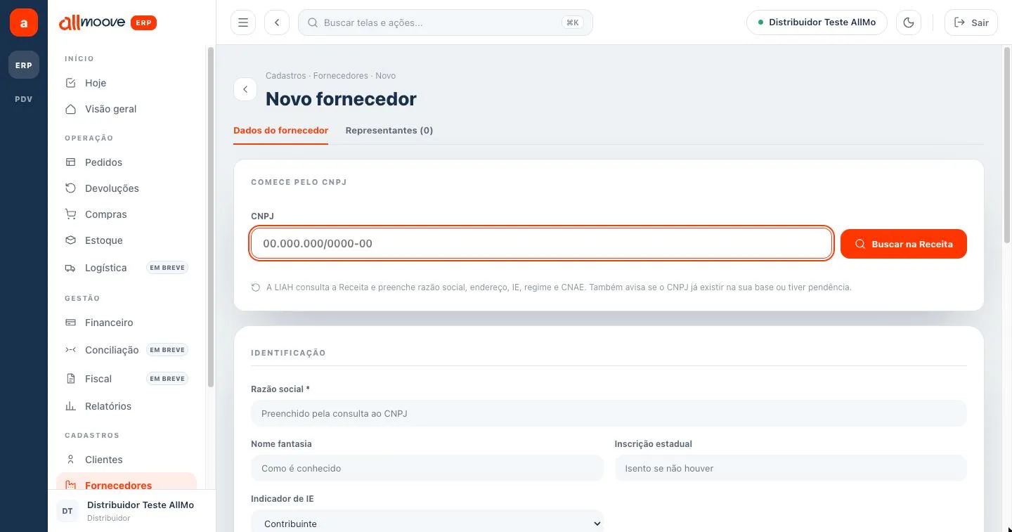 Formulário Novo fornecedor começando pelo CNPJ