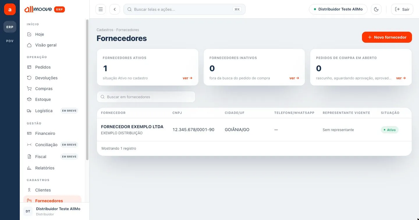 Tela Fornecedores com o botão Novo fornecedor
