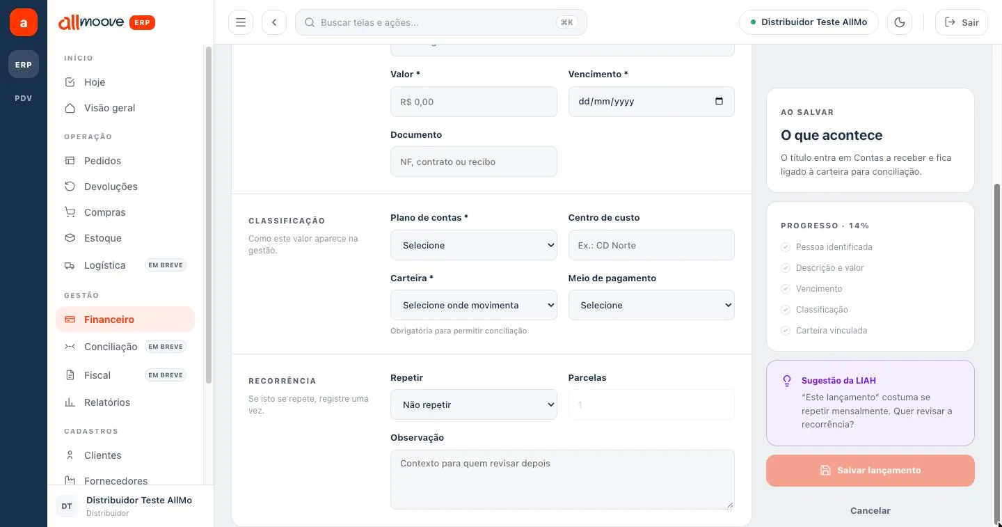 Blocos Classificação e Recorrência do Novo lançamento