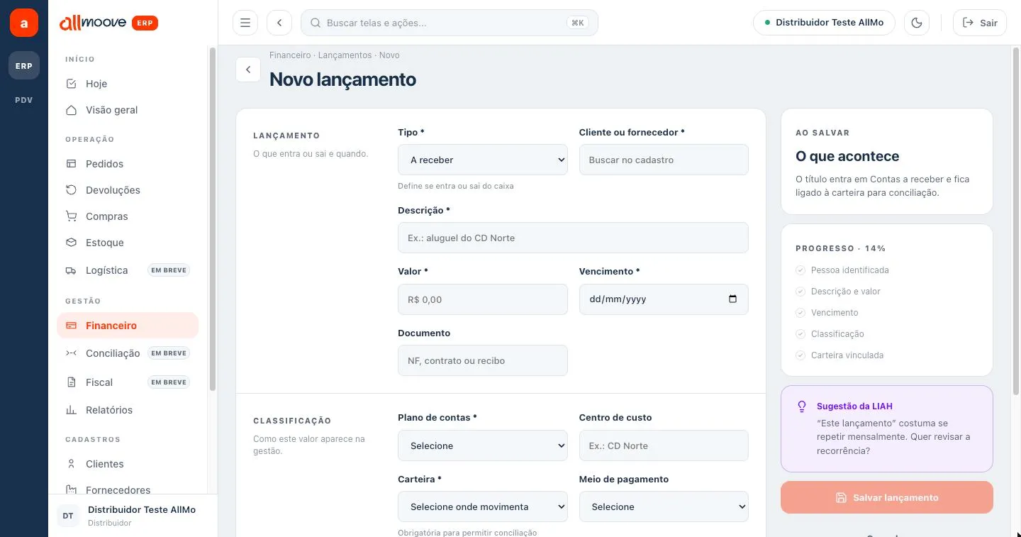 Formulário Novo lançamento, bloco Lançamento