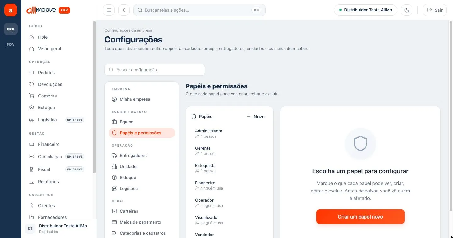Configurações, seção Papéis e permissões