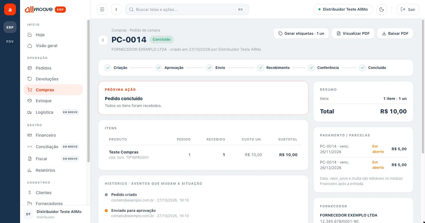 Ficha do pedido de compra com as etapas, a próxima ação e as parcelas