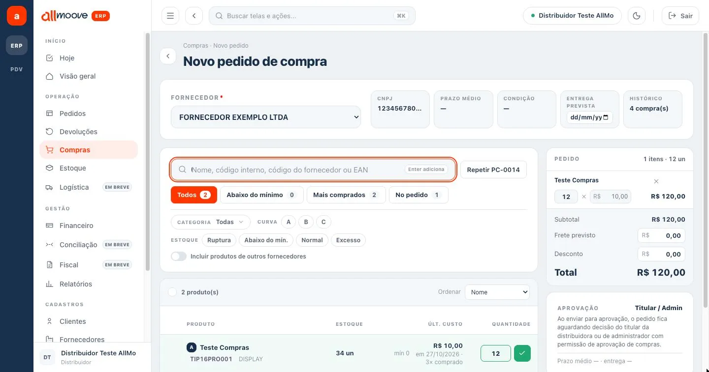 Tela Novo pedido de compra com fornecedor escolhido e um item no pedido