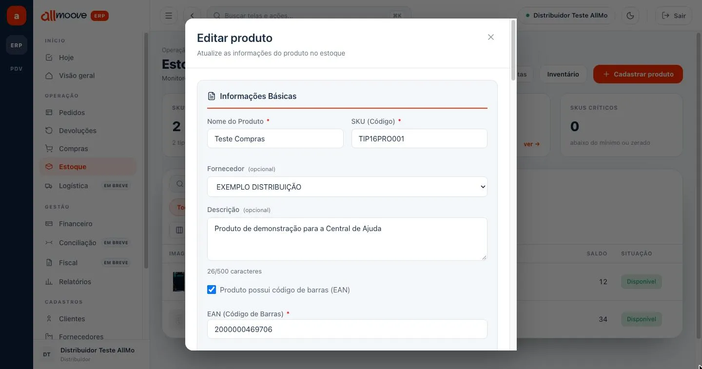 Janela Editar produto, bloco Informações Básicas