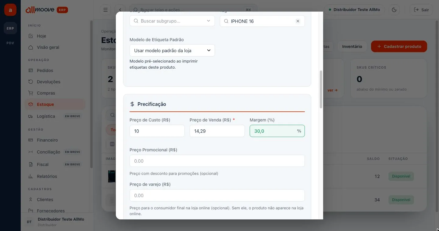 Bloco Precificação com custo, venda, margem, promocional e varejo