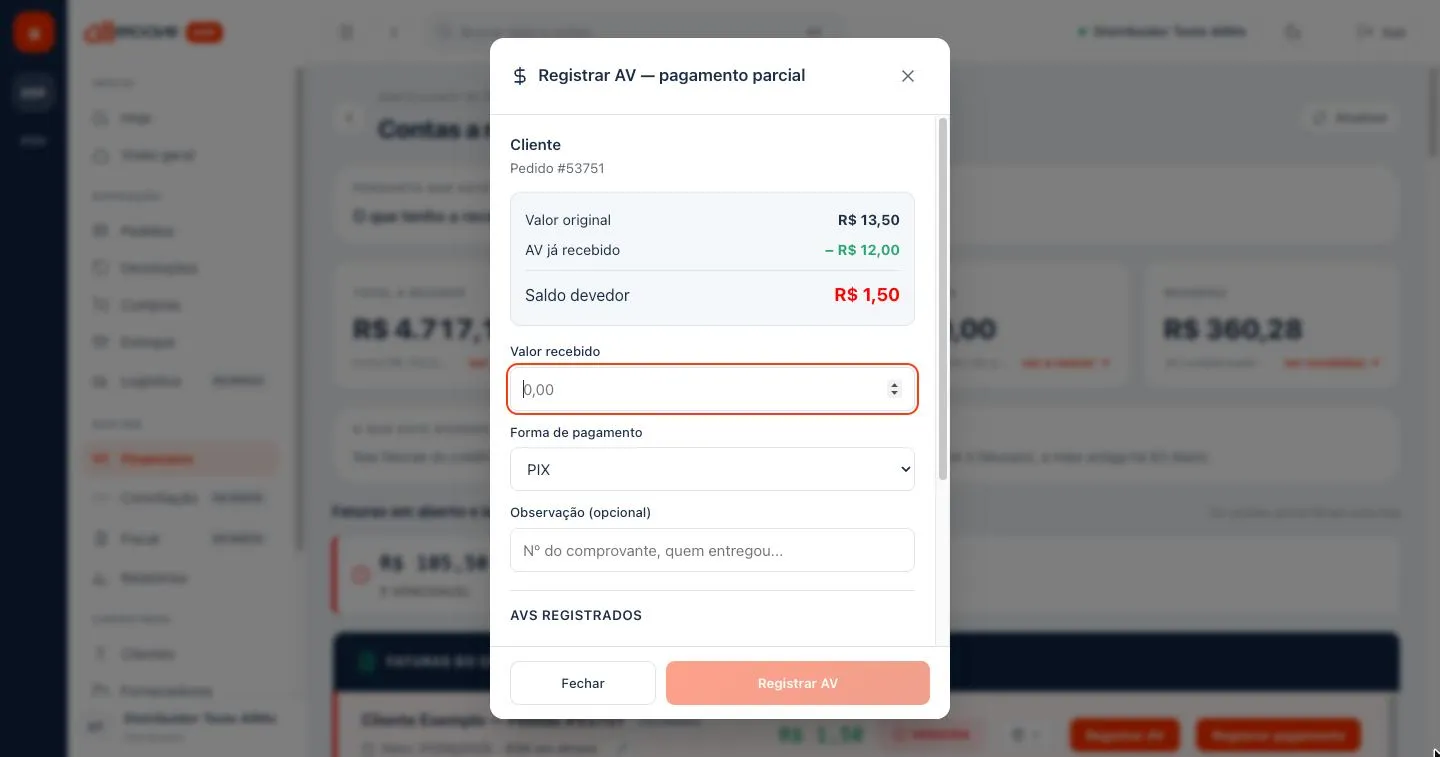 Janela Registrar AV, pagamento parcial