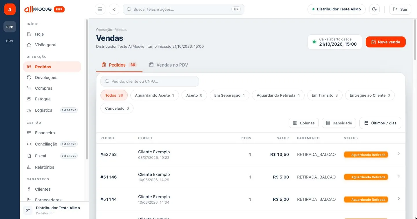 Tela Vendas na aba Pedidos, com filtros por situação